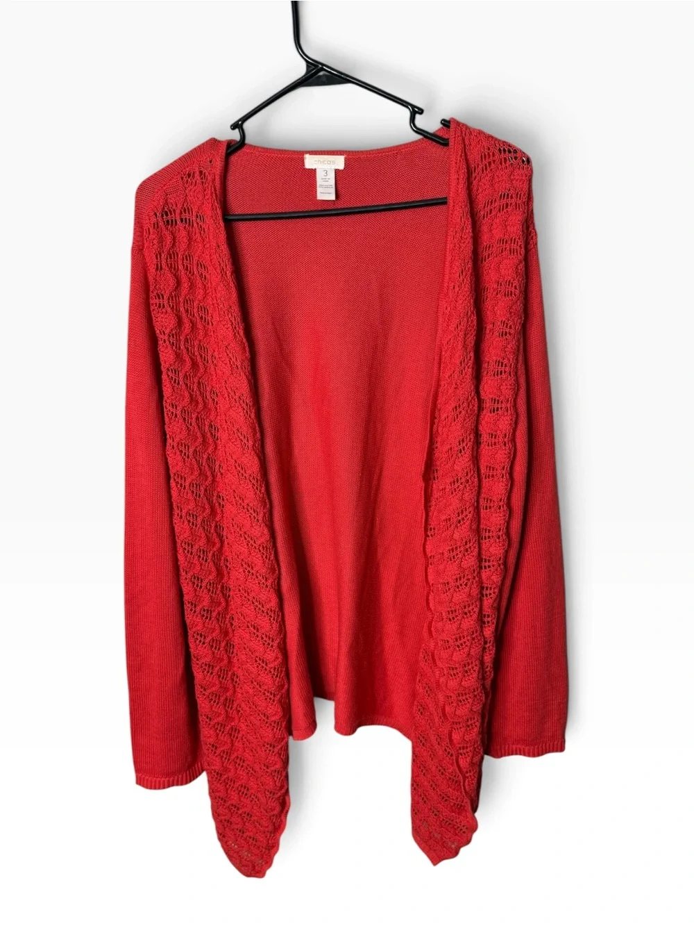 CHICO'S Red Size 3 XL 16/18 Open Front Cardigan Crochet Trim Sweater